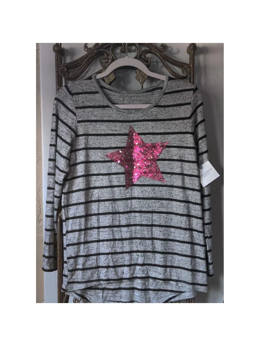 Arizona Jean Co Girls Plus Size L 14.5 16.5 Striped Long Sleeve Sequin Star Top